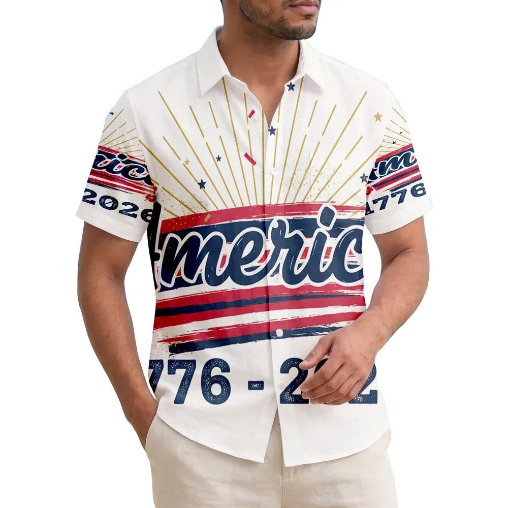 America 250th Anniversary: Hawaiian Script, Navy Crimson Gold Sunburst 1776-2026 Short-sleeve Hawaiian Shirt - 1