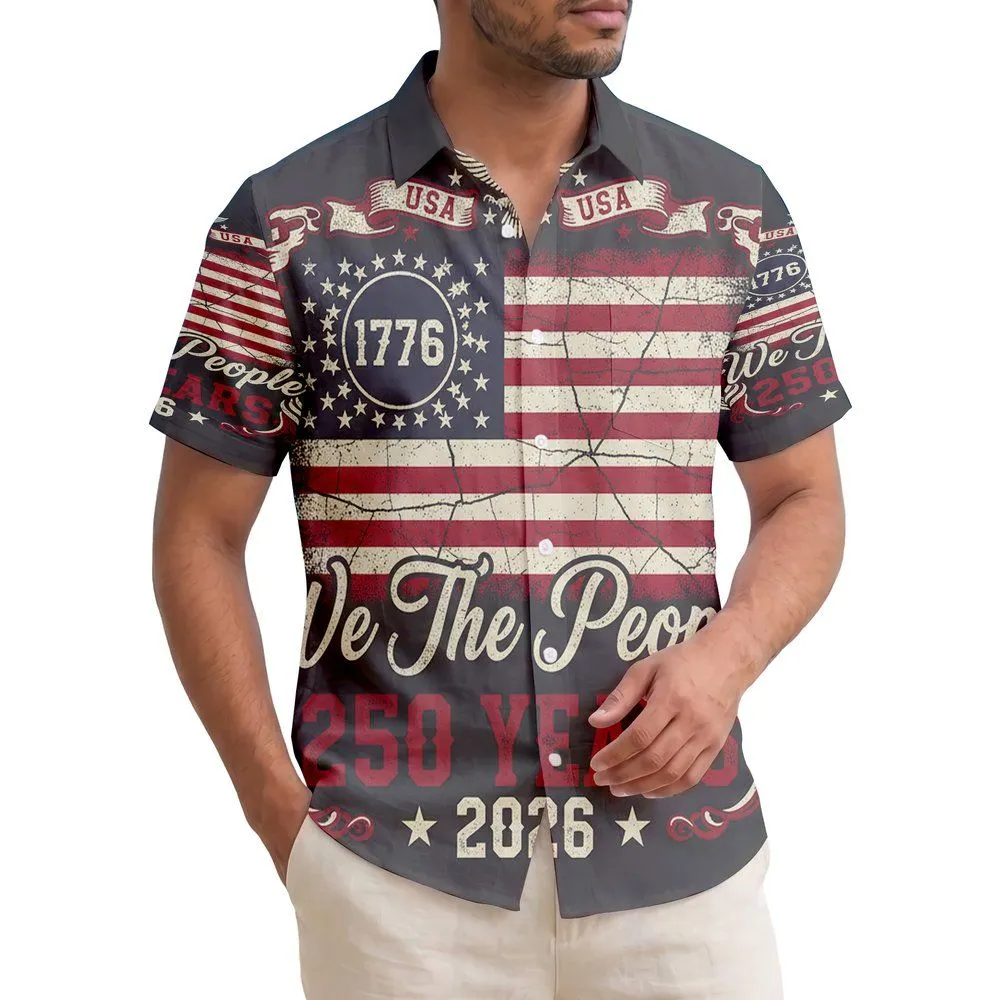 Patriotic Americana 250th Anniversary Distressed Flag 1776 We The People Design Short-sleeve Hawaiian Shirt - 1