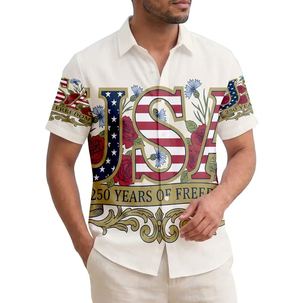 America 250th Anniversary: Patriotic Vintage USA Floral Freedom Banner Scrollwork Short-sleeve Hawaiian Shirt - 1