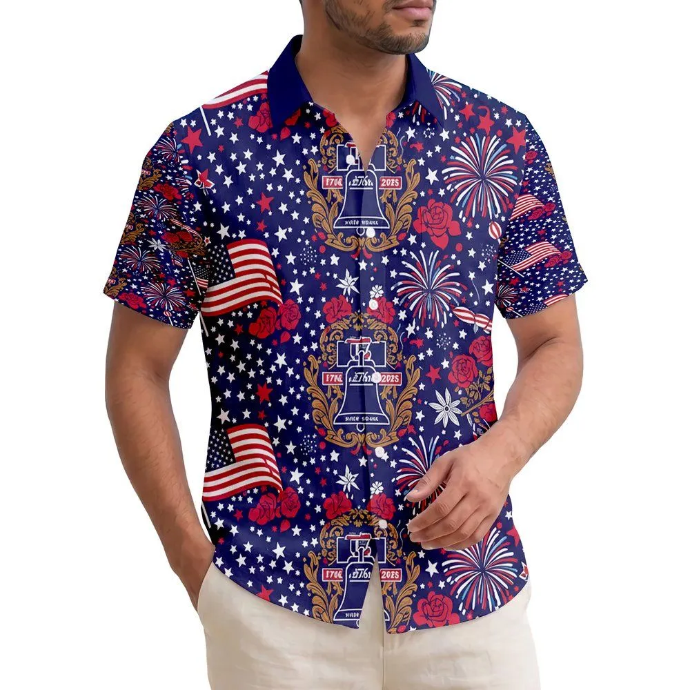 USA 250th Birthday Patriotic Hawaiian Design: Eagles, Flags, Liberty Bells & 1776 Scrollwork Short-sleeve Hawaiian Shirt - 1