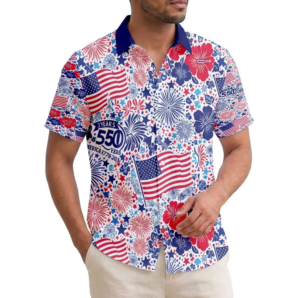 America 250th Birthday Celebration Flag Hibiscus Fireworks Star Medley 1776-2026 Short-sleeve Hawaiian Shirt - 1