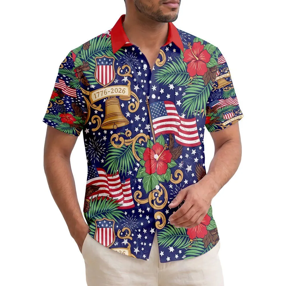 USA 250th Birthday Patriotic Hawaiian Flag Eagle Liberty Bell Tropical 1776 Scroll Short-sleeve Hawaiian Shirt - 1