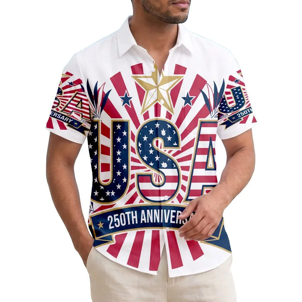 USA 250th Anniversary Patriotic Tropical Stars Stripes Golden Star Sunburst Short-sleeve Hawaiian Shirt - 1