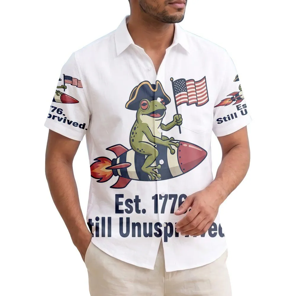 America 250th Birthday: Colonial Frog Rocket, USA Flag, Est. 1776 Unsupervised Short-sleeve Hawaiian Shirt - 1
