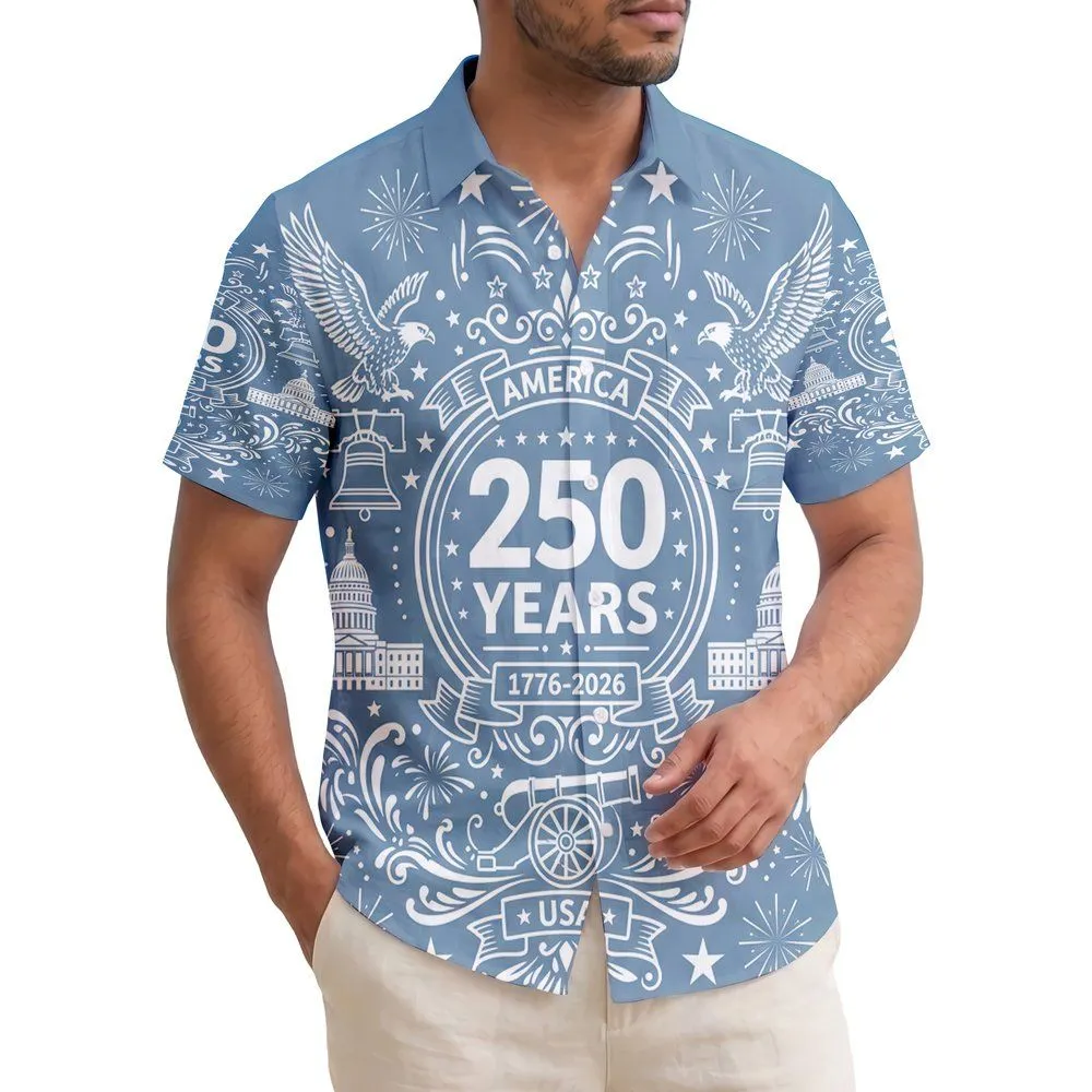 USA 250th Birthday Patriotic Hawaiian Liberty Bell Eagle Independence Hall Short-sleeve Hawaiian Shirt - 1