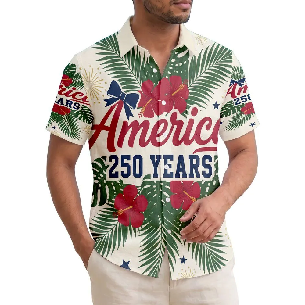 America 250th Heritage Patriotic Hawaiian Ribbon Hibiscus Palm Stars Cream Short-sleeve Hawaiian Shirt - 1