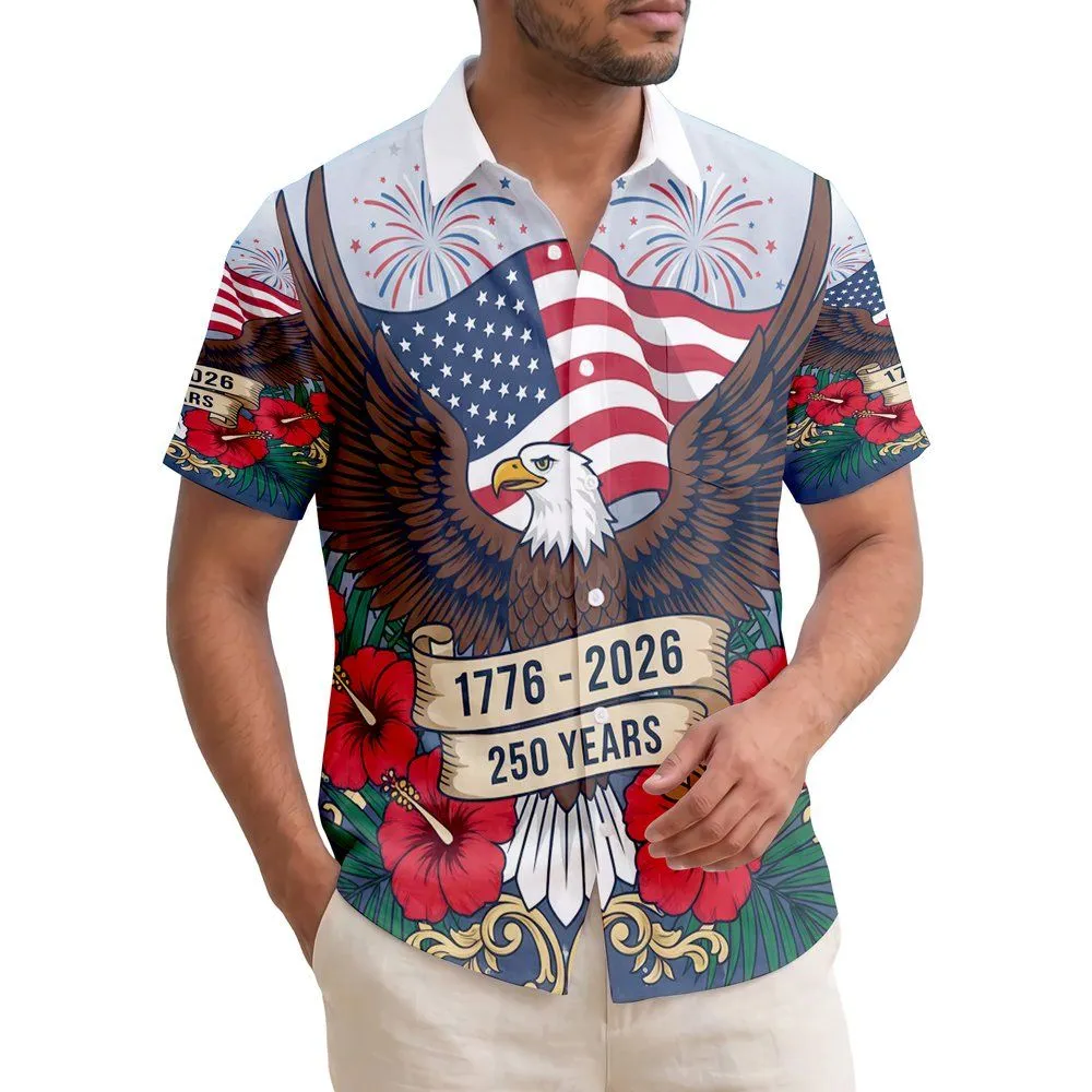 America 250th Eagle Flag 1776-2026 Hawaiian Tropical Hibiscus Gold Scrollwork Short-sleeve Hawaiian Shirt - 1