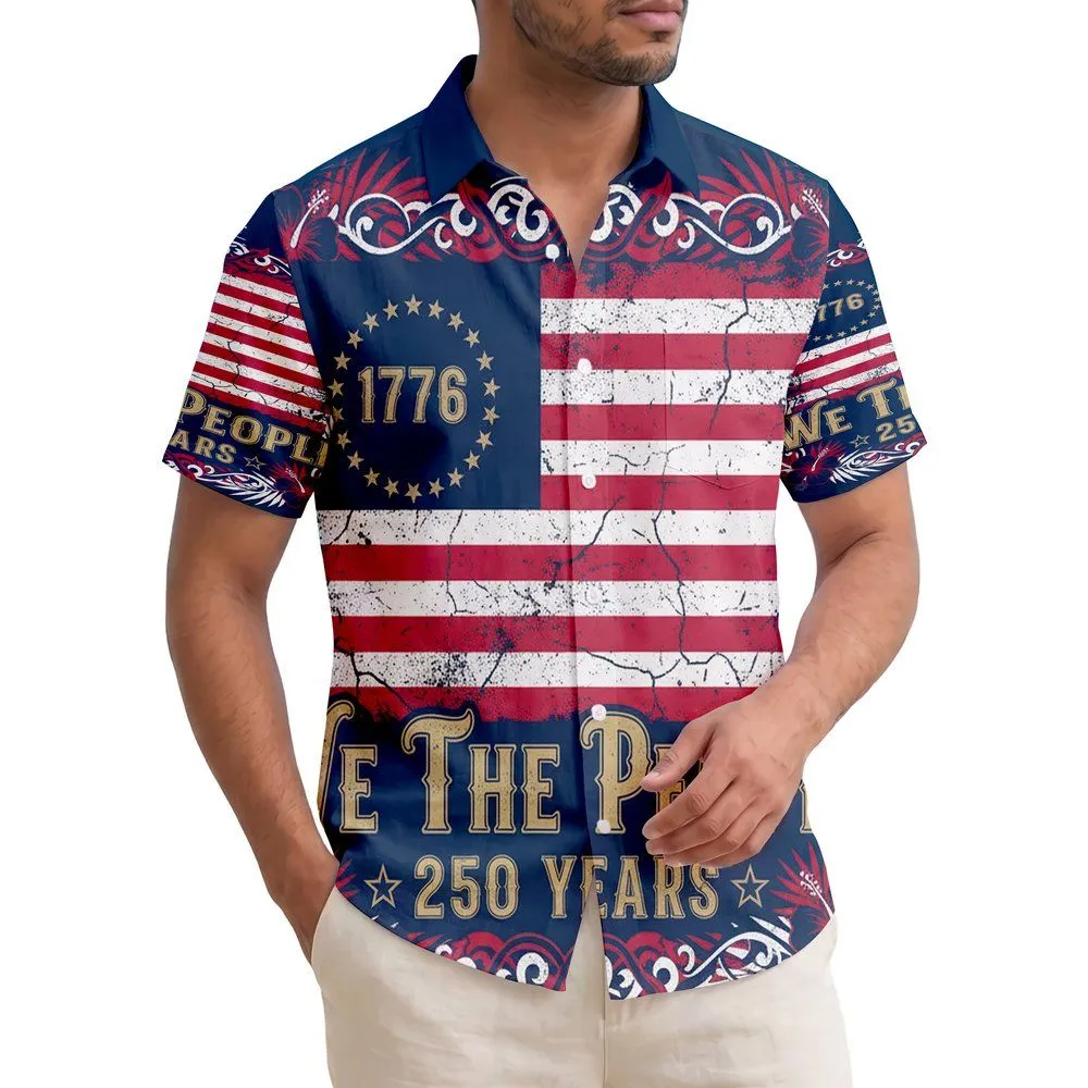 America 250th Anniversary Patriotic Flag We The People 1776 Distressed Tropical Navy Gold Short-sleeve Hawaiian Shirt - 1