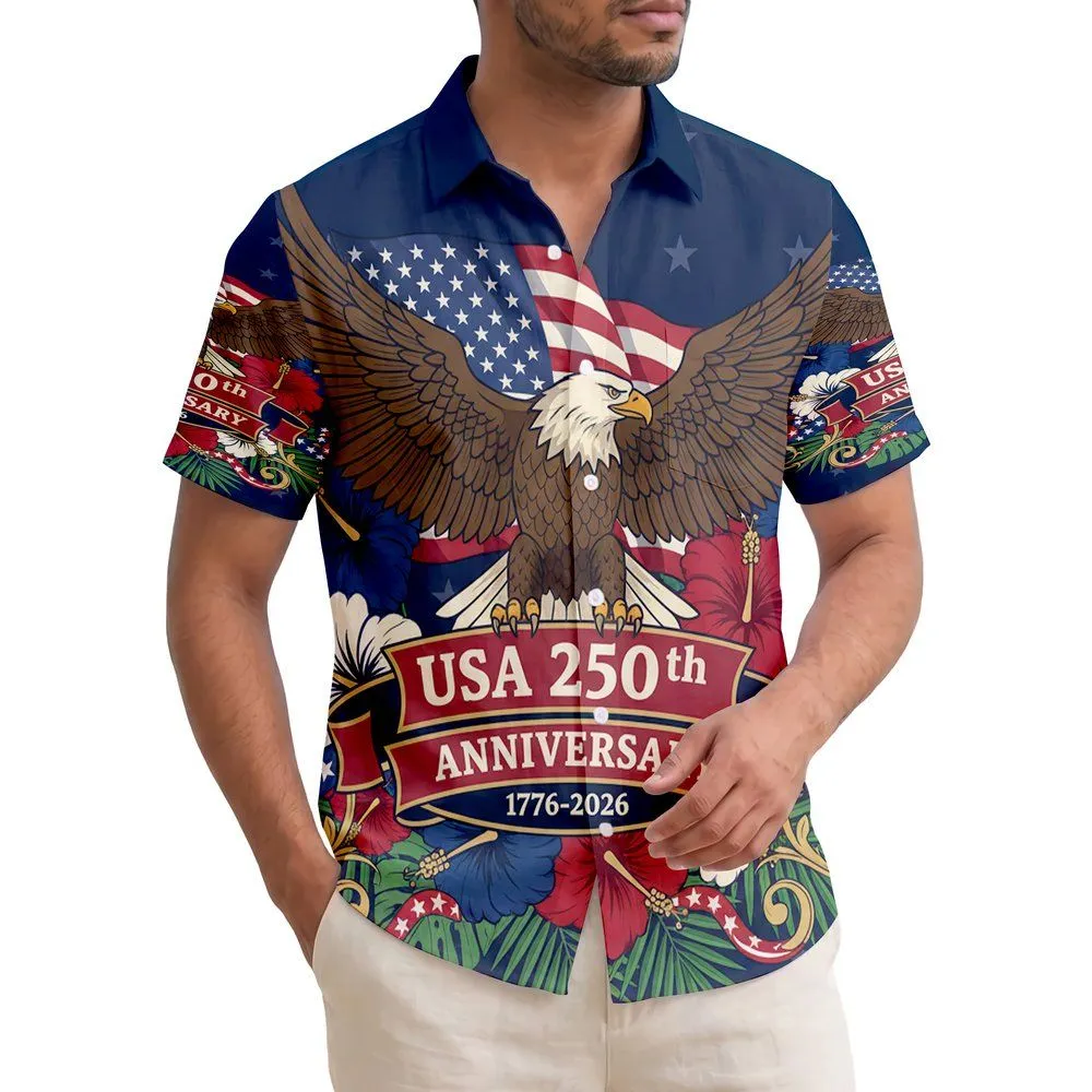 USA 250th Anniversary Eagle Flag Hibiscus Palm Star Scroll Patriotic Graphic Short-sleeve Hawaiian Shirt - 1