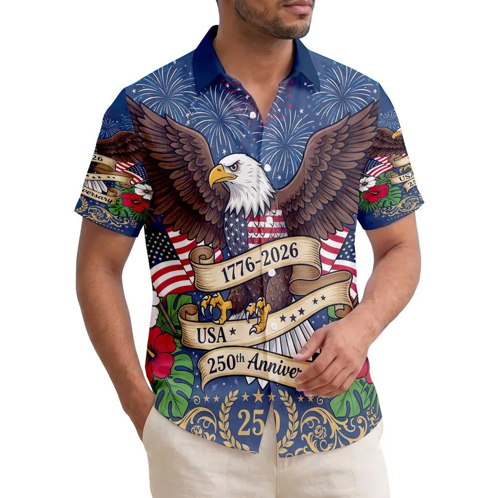 America 250th Anniversary Eagle: Patriotic Flag Hibiscus Scrollwork 1776-2026 Short-sleeve Hawaiian Shirt - 1