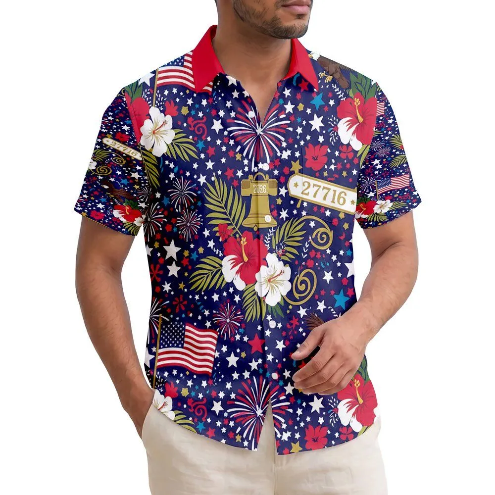 America 250th Anniversary Patriotic Hawaiian Flag Eagle Liberty Bell Scrollwork Short-sleeve Hawaiian Shirt - 1