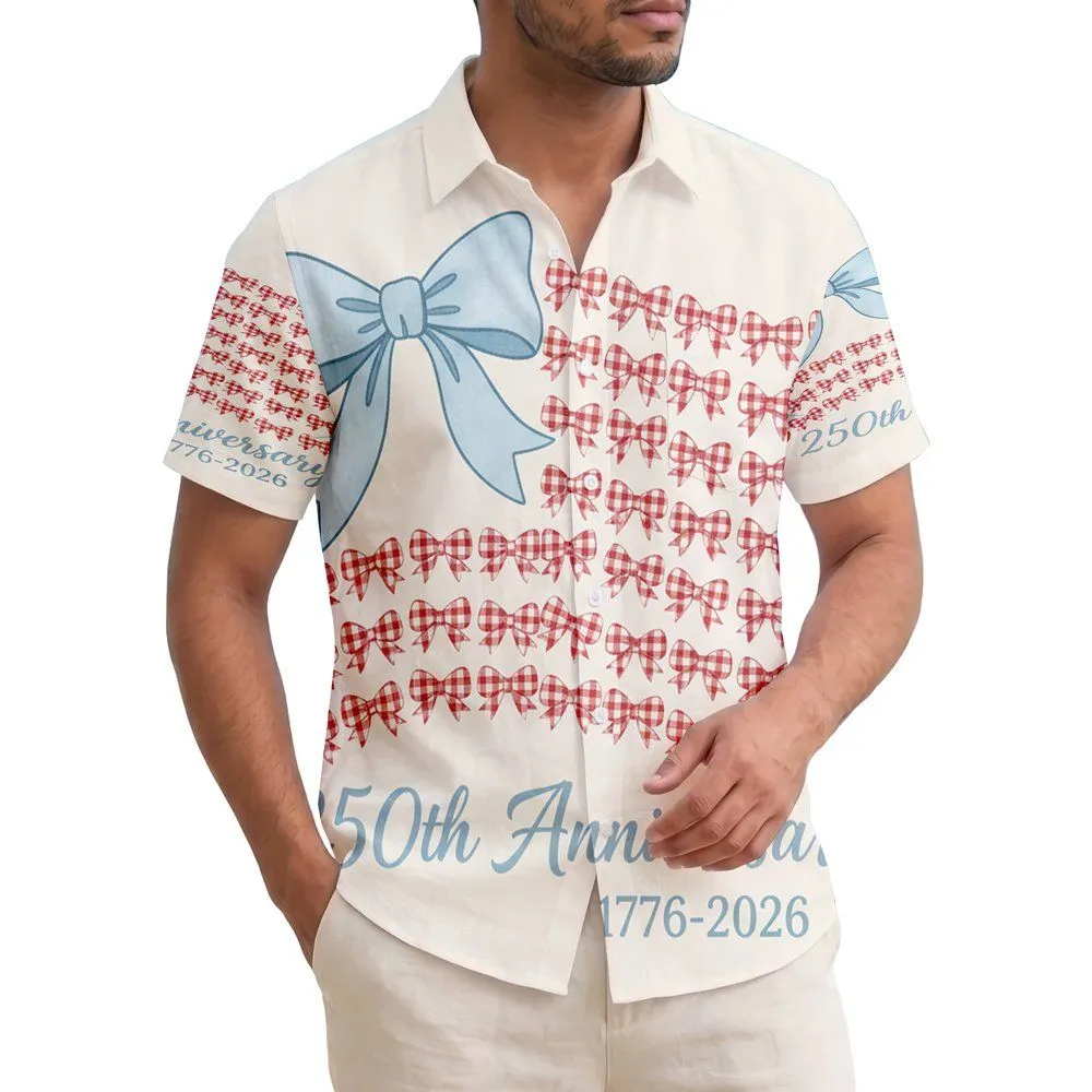 America 250th Anniversary Hawaiian Flag Bows 1776-2026 Gingham Cream Watercolor Short-sleeve Hawaiian Shirt - 1