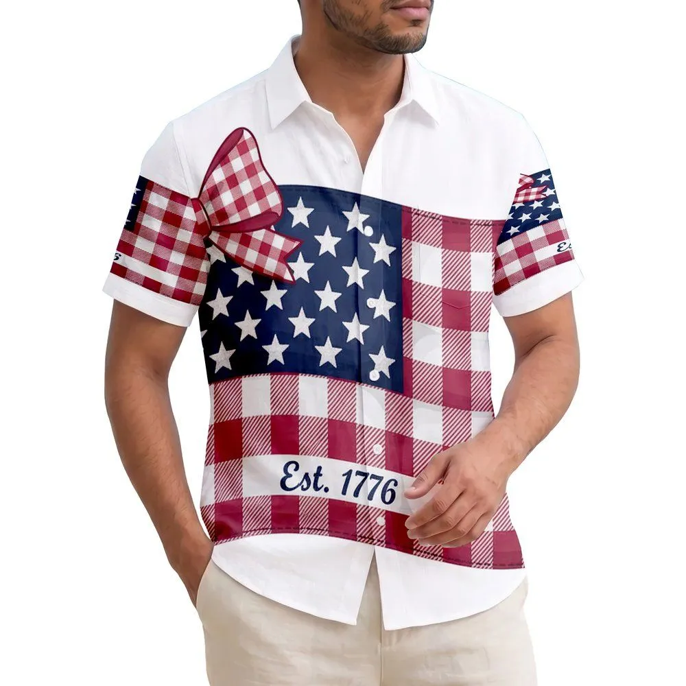 America 250th Anniversary Patriotic Flag Quilted Gingham Bow Design Est. 1776 Short-sleeve Hawaiian Shirt - 1
