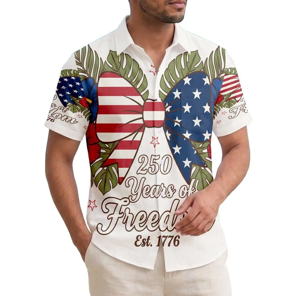 America 250th Celebration: Americana Bow, Est. 1776 Freedom Script, Tropical Foliage Short-sleeve Hawaiian Shirt - 1