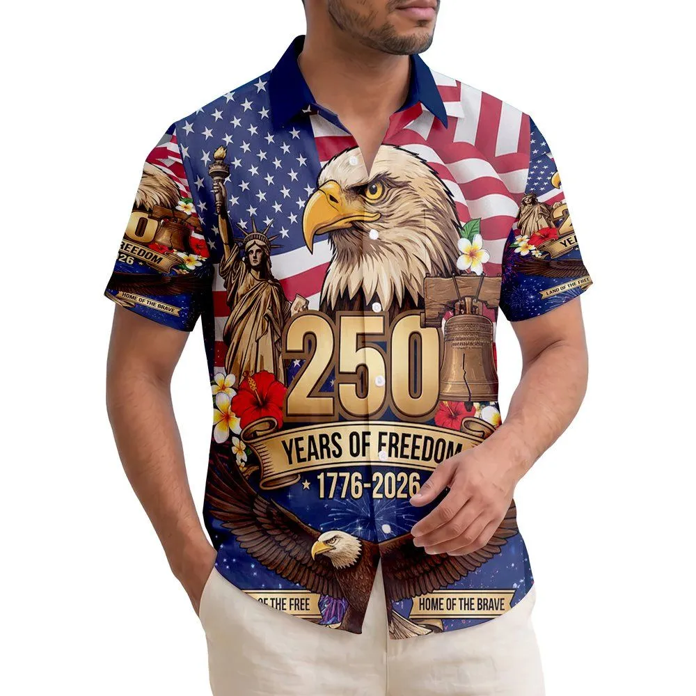 Patriotic 250th Anniversary Eagle Flag Liberty Bell Fireworks Hibiscus Plumeria Short-sleeve Hawaiian Shirt - 1