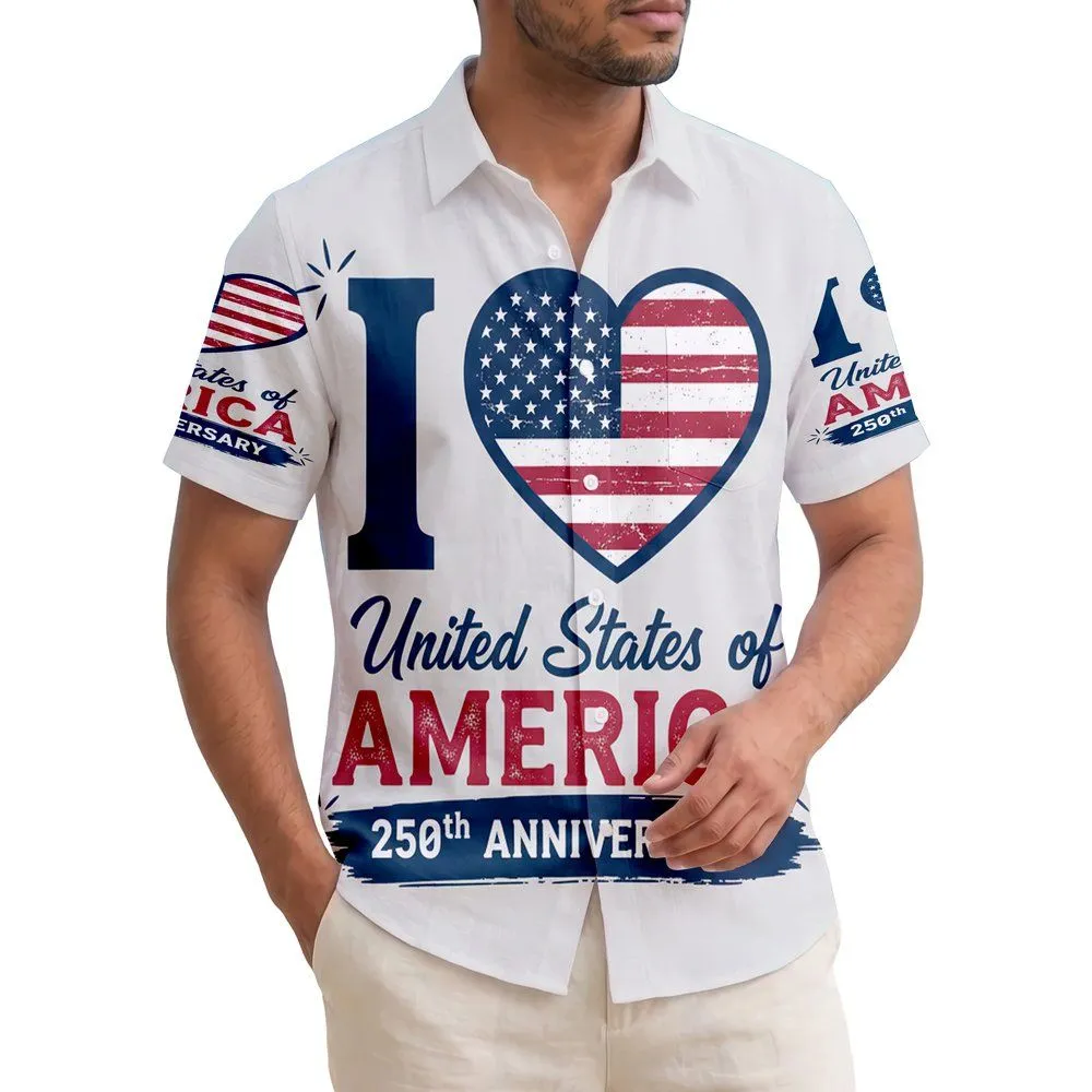 America 250th Anniversary 'I Heart America' Flag Distressed Navy Red White Celebration Short-sleeve Hawaiian Shirt - 1