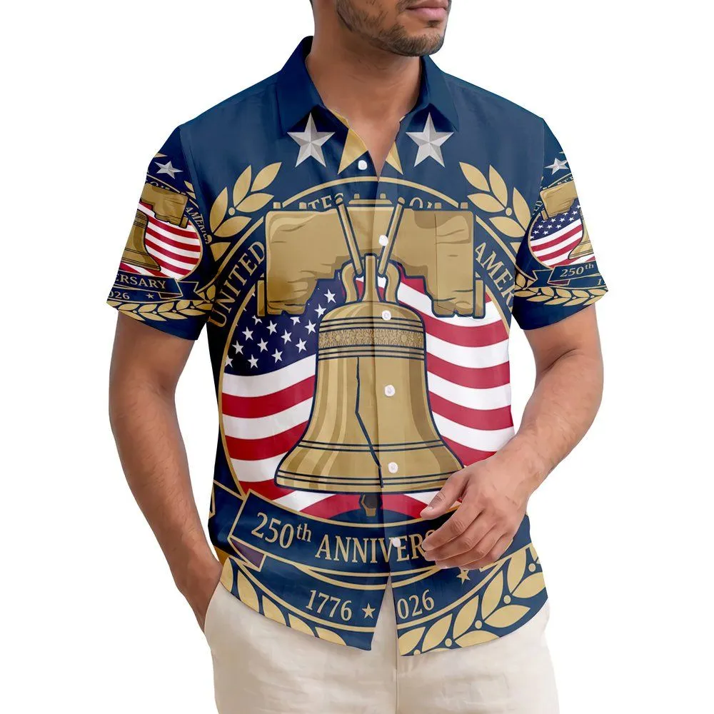 America 250th Anniversary Liberty Bell American Flag Laurel Wreath Tropical Americana Short-sleeve Hawaiian Shirt - 1
