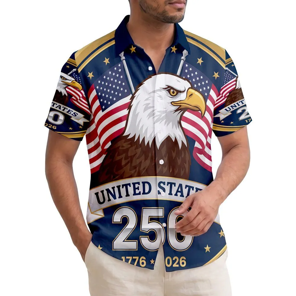 America 250th: Bald Eagle, Crossed Flags, 1776-2026 Navy Star Gold Frame Emblem Short-sleeve Hawaiian Shirt - 1