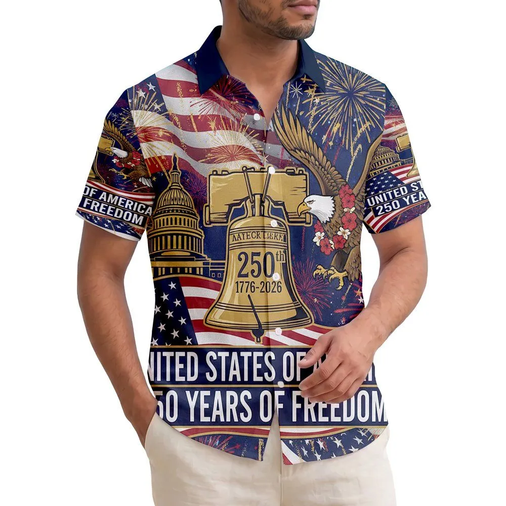 250th Anniversary 1776-2026 Golden Liberty Bell Eagle Capitol Hawaiian Flag Short-sleeve Hawaiian Shirt - 1