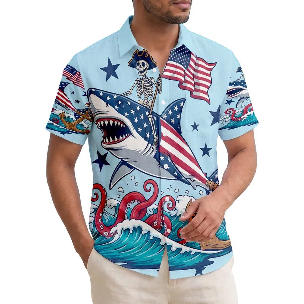 USA 250th Birthday Flag Shark Skeleton Parrot Anchor Ocean Stars Patriot Short-sleeve Hawaiian Shirt - 1