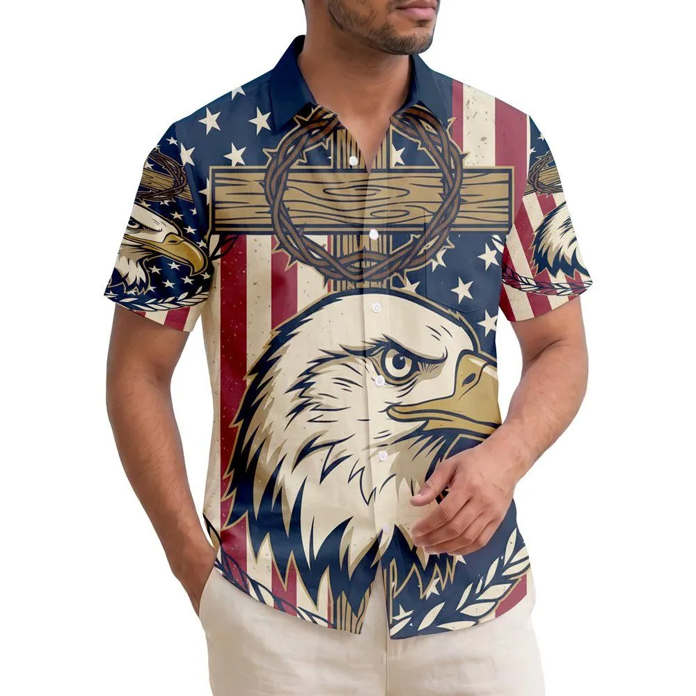 Patriotic USA 250th Anniversary Bald Eagle Wreath Rustic Cross Distressed Flag Short-sleeve Hawaiian Shirt - 1