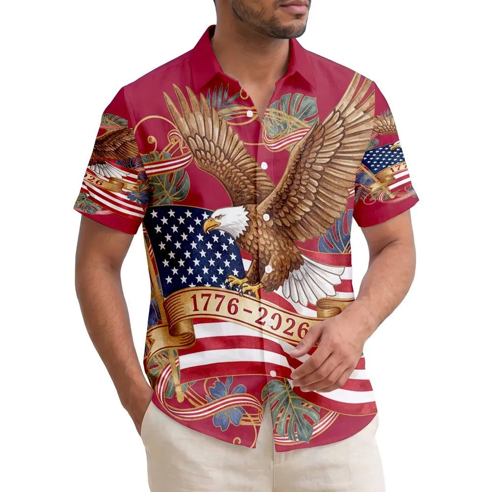 America 250th Anniversary: Soaring Bald Eagle Flag Tropical Gold Scrollwork Crimson Short-sleeve Hawaiian Shirt - 1