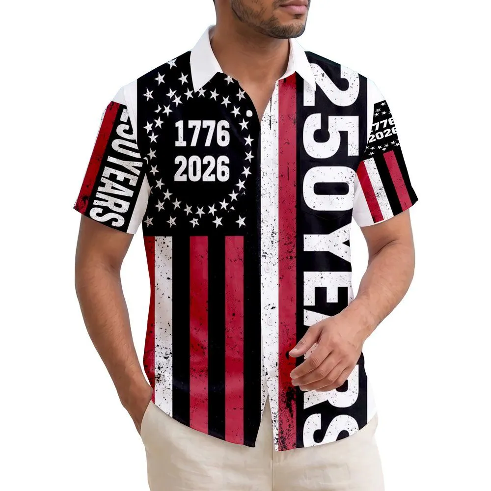 USA 250th Anniversary Distressed Flag 1776 2026 Tropical Crimson Black Stripes Short-sleeve Hawaiian Shirt - 1