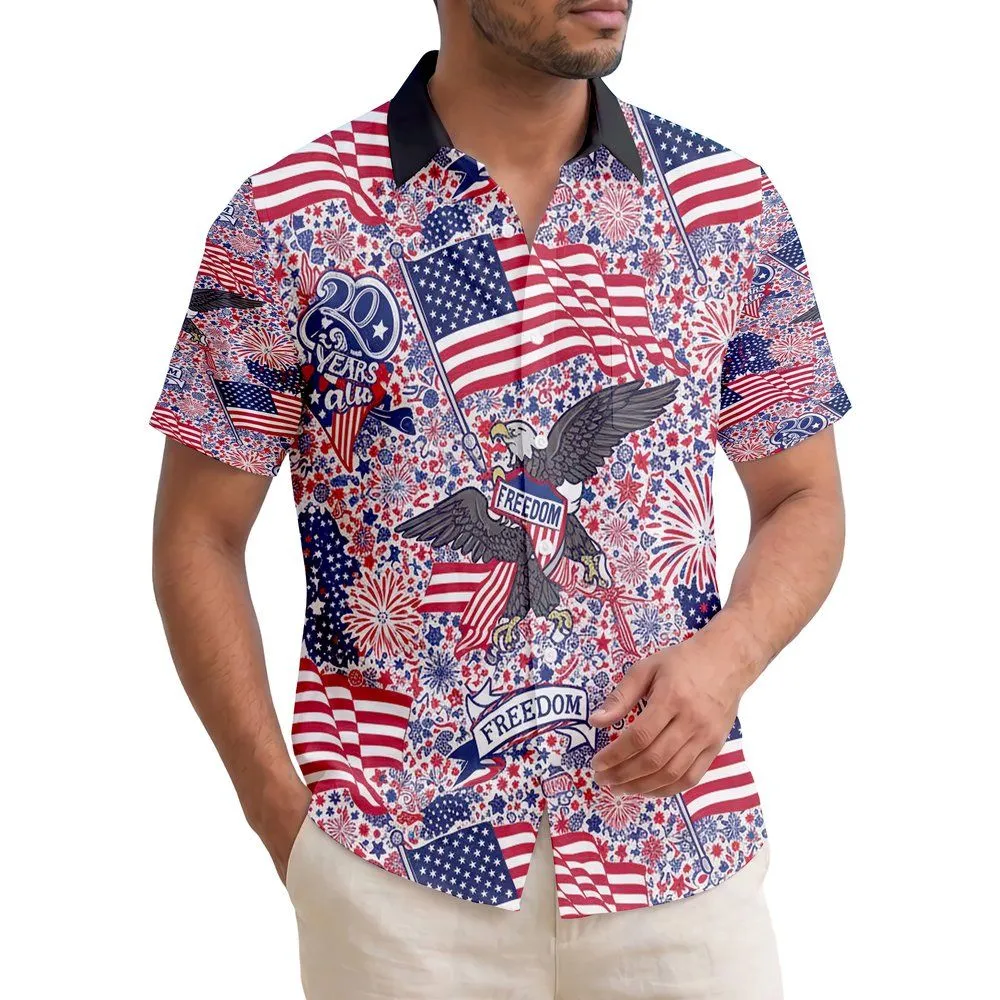 America 250th: Waving Flags, Heraldic Eagles, FREEDOM Text, Edge-to-Edge Starbursts Short-sleeve Hawaiian Shirt - 1