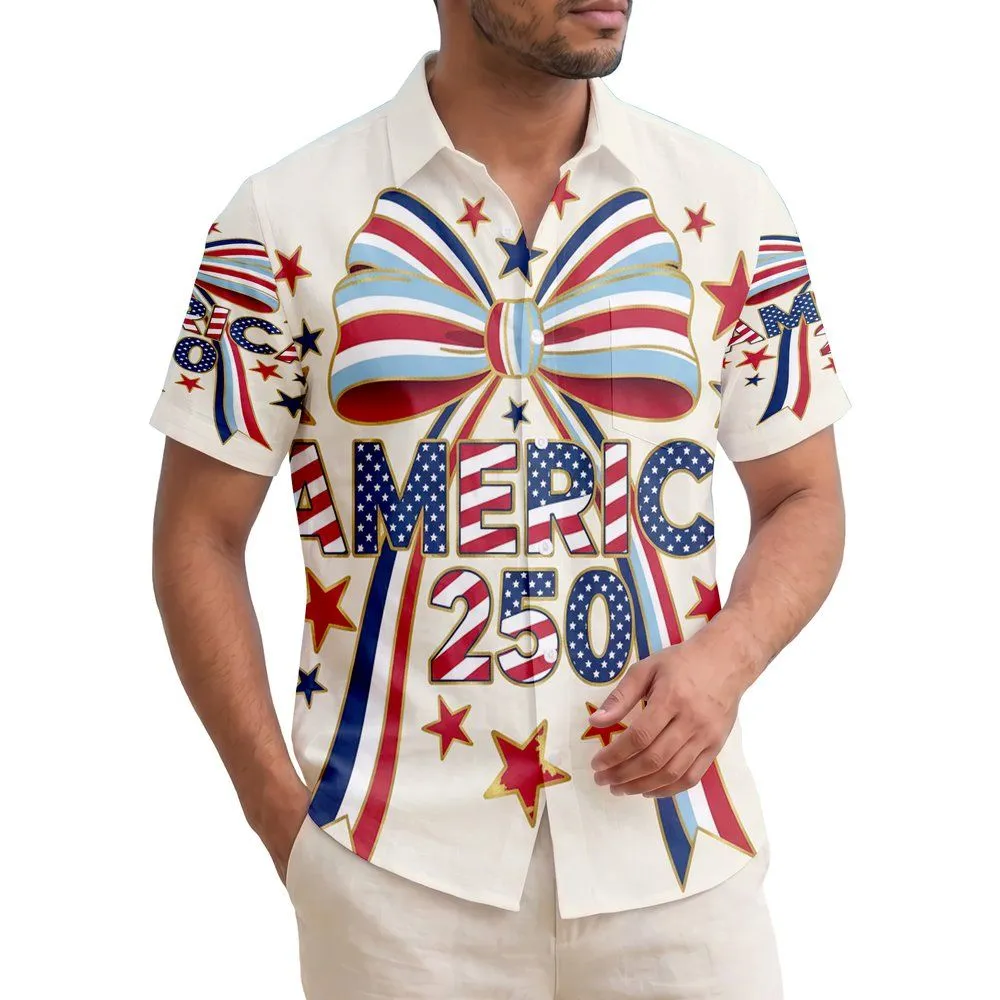America 250th Anniversary Patriotic Hawaiian AMERICA 250 Text Stars Stripes Ribbon Short-sleeve Hawaiian Shirt - 1