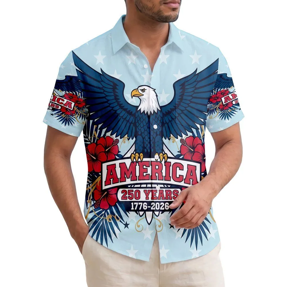 America 250th Anniversary Eagle: Patriotic Hawaiian Hibiscus Palm Fronds 1776-2026 Short-sleeve Hawaiian Shirt - 1