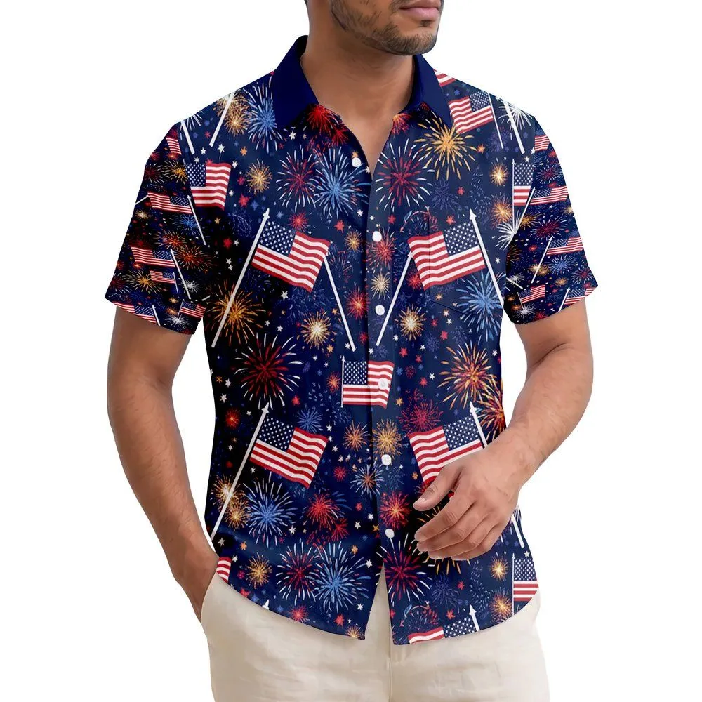 USA 250th Birthday: Patriotic Tropical Waving Flag Fireworks Pattern Short-sleeve Hawaiian Shirt - 1