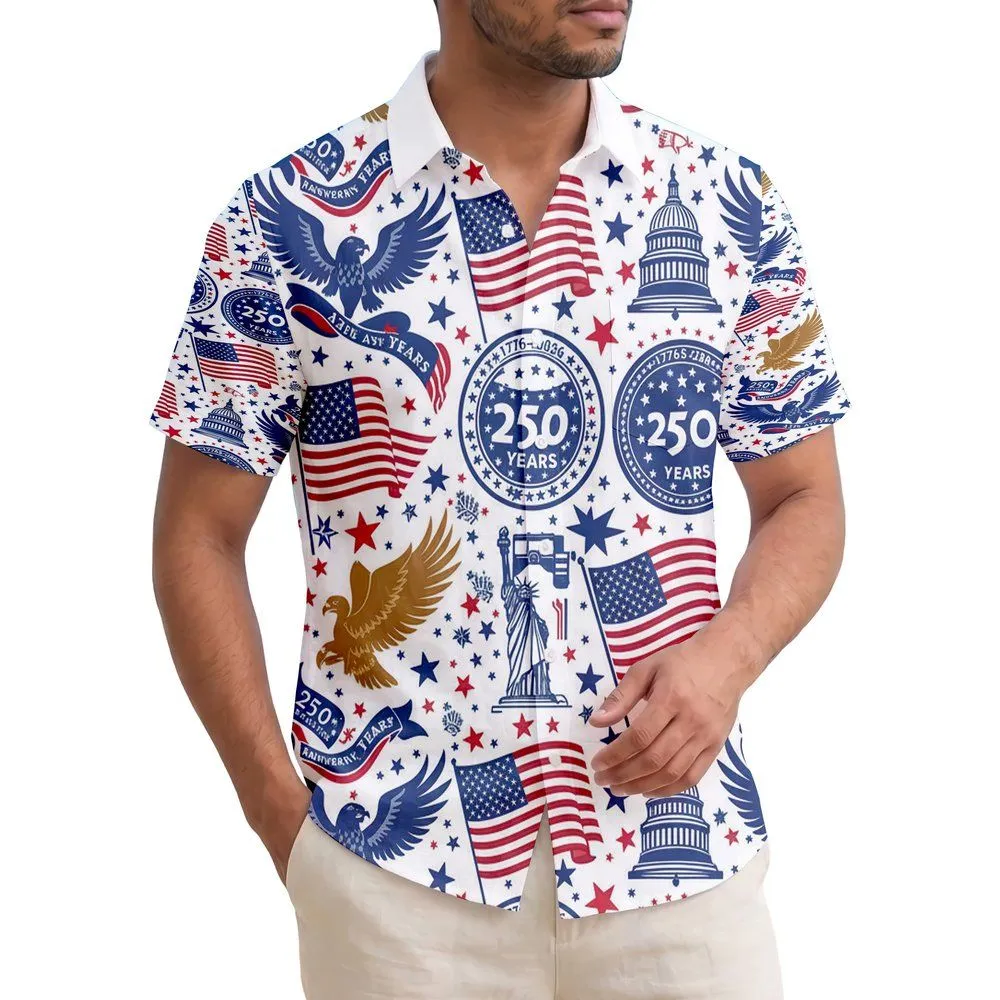 USA 250th Anniversary Patriotic Tropical Print: Flag Eagle Liberty Bell Capitol Est. 1776 Short-sleeve Hawaiian Shirt - 1