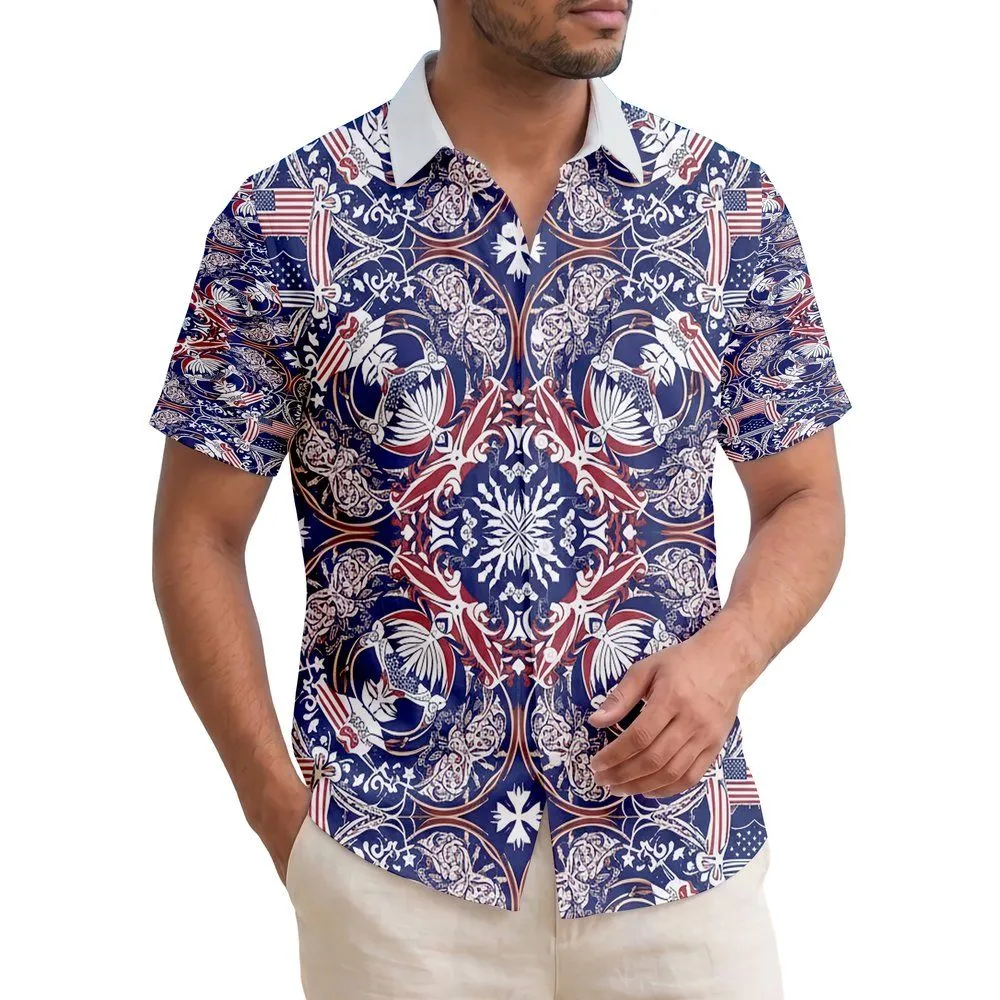 America 250th Birthday: Patriotic Hawaiian Eagle Flag Rococo Gold Scroll Design Short-sleeve Hawaiian Shirt - 1
