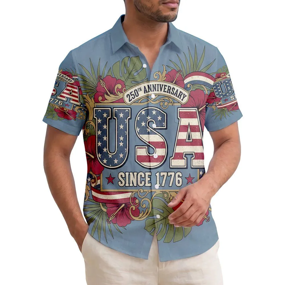 USA 250th Anniversary Est 1776 Distressed Star Stripes Hibiscus Gold Scrollwork Short-sleeve Hawaiian Shirt - 1