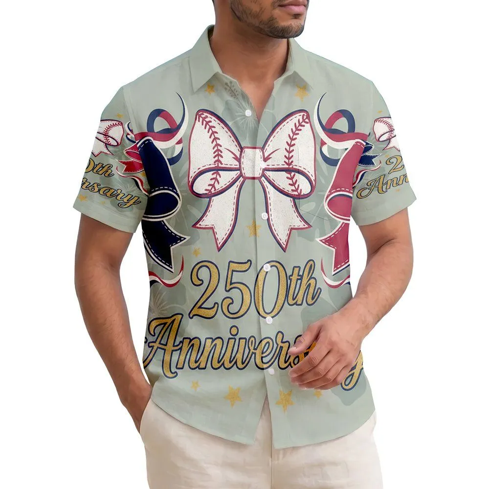 America 250th Anniversary Patriotic Bows Gold Stars Tropical Leaves Vintage Sage Short-sleeve Hawaiian Shirt - 1