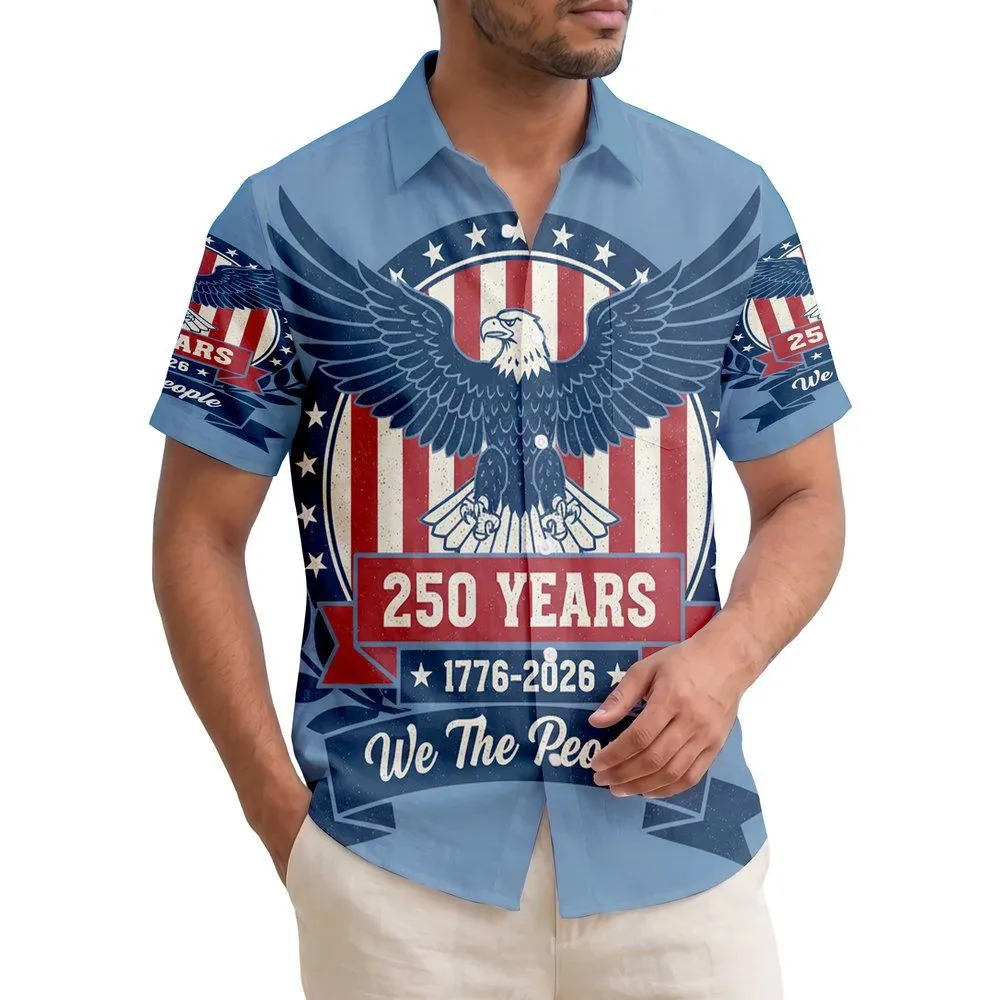 USA 250th Anniversary Bald Eagle Emblem: We The People, 1776-2026, Distressed Stripes Wreaths Short-sleeve Hawaiian Shirt - 1