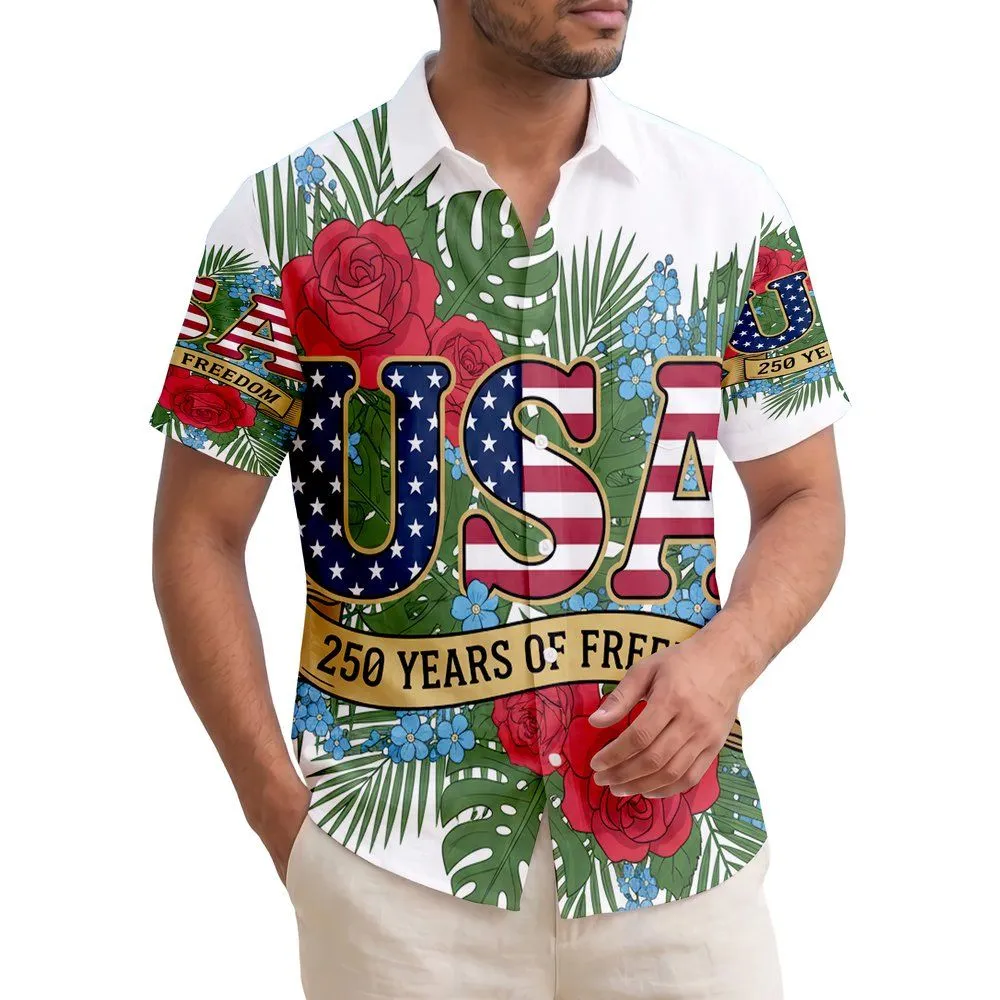 USA 250th Anniversary Flag Motif Tropical Red Rose Blue Forget-Me-Not Freedom Short-sleeve Hawaiian Shirt - 1