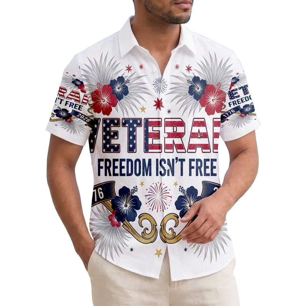 America 250th Veteran Flag Freedom 1776-2026 Patriotic Tropical Palm Hibiscus Design Short-sleeve Hawaiian Shirt - 1