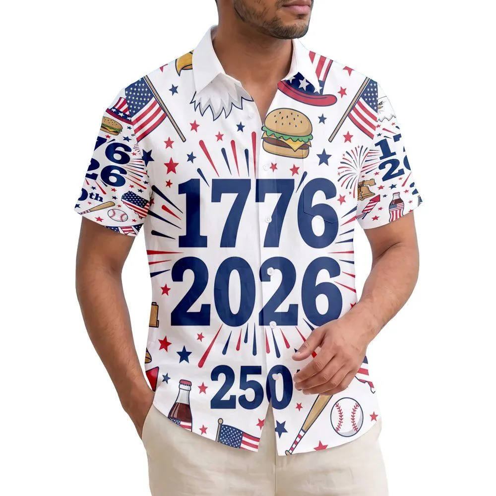 USA 250th Anniversary 1776 2026 Patriotic Hawaiian Eagle Flags Fireworks Bell Short-sleeve Hawaiian Shirt - 1
