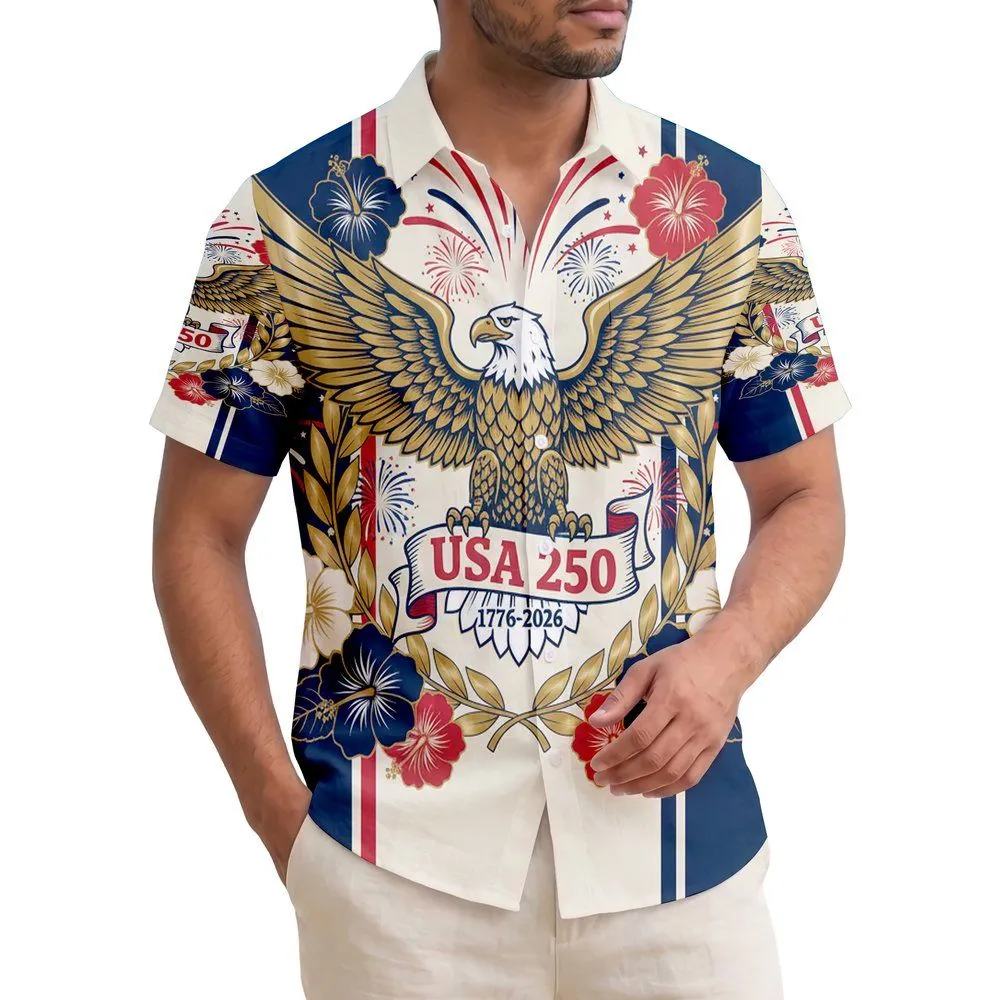 250th Anniversary Bald Eagle: USA 250 Hawaiian Hibiscus 1776 Americana Design Short-sleeve Hawaiian Shirt - 1