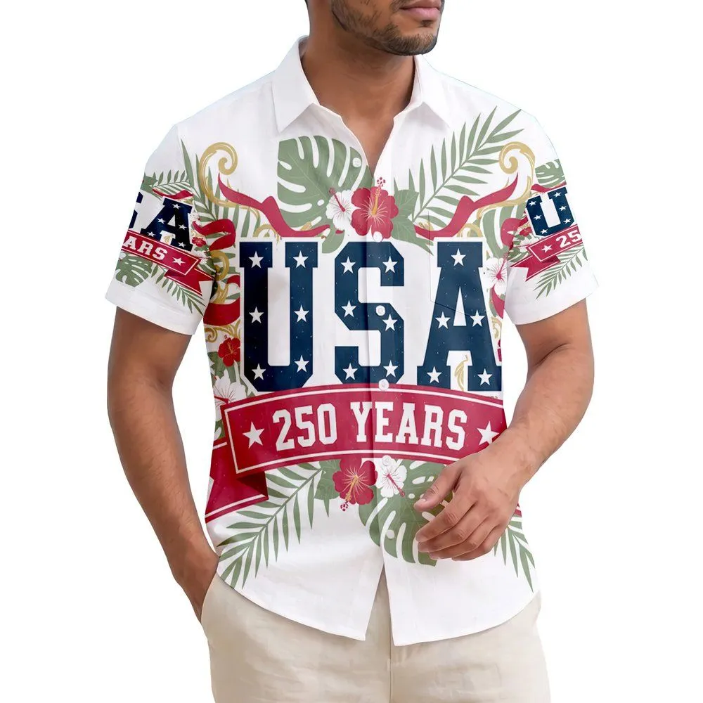 USA 250th Anniversary Patriotic Navy Crimson White Hibiscus Tropical Gold Scrollwork Short-sleeve Hawaiian Shirt - 1