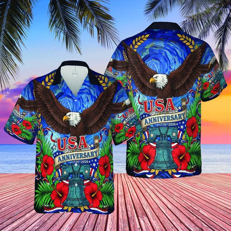 USA 250th 1776 Eagle Liberty Bell Stained Glass Hawaiian Starry Night Motif Short-sleeve Hawaiian Shirt - 1