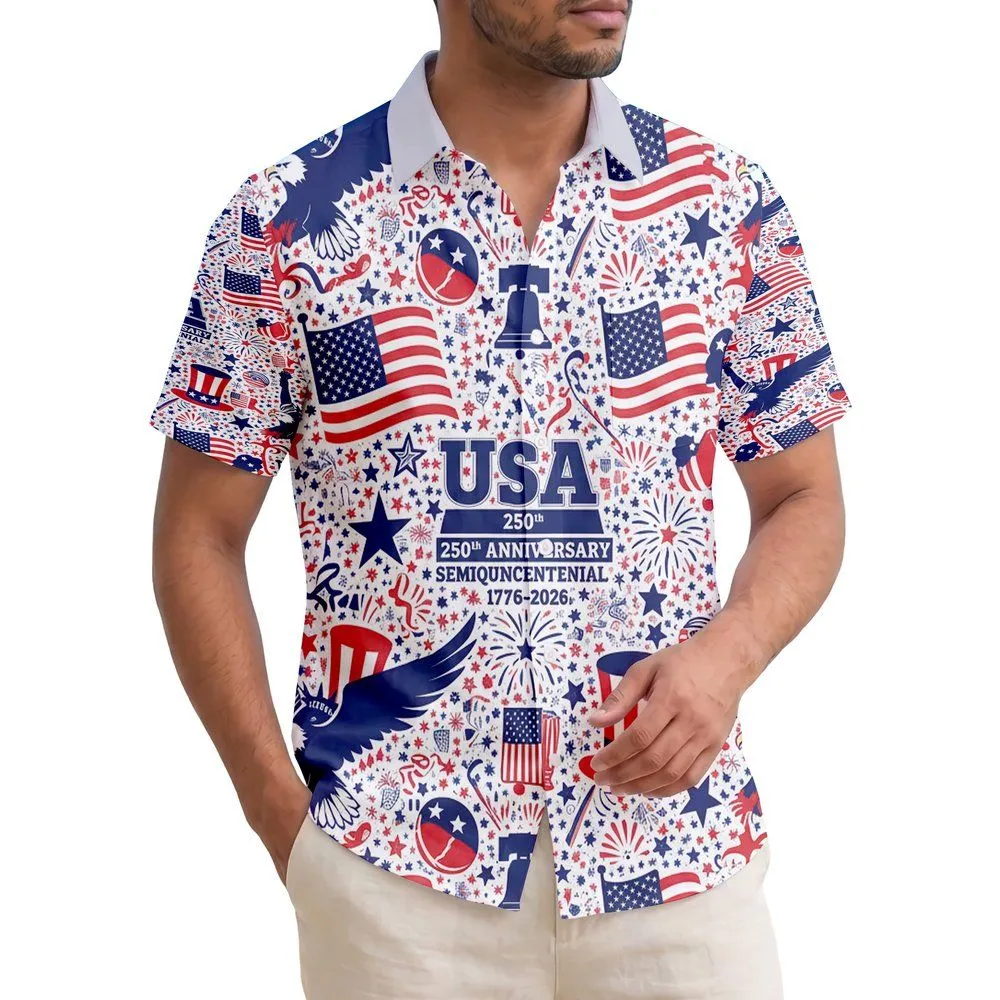 USA 250th Anniversary Patriotic Hawaiian Print: Flag Eagle Liberty Bell Star Football Pattern Short-sleeve Hawaiian Shirt - 1
