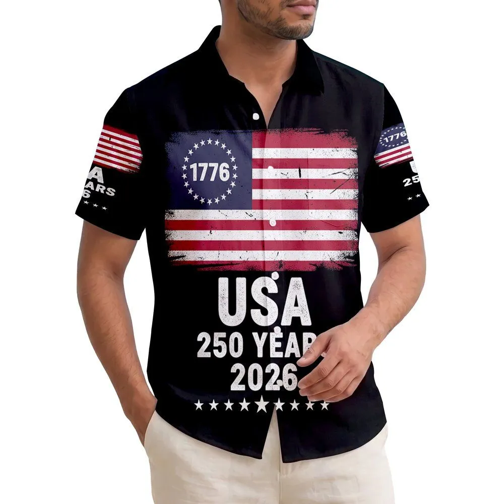 America 250th Anniversary 1776 Vintage Flag - USA 2026 Crimson Red Navy Blue Black Short-sleeve Hawaiian Shirt - 1