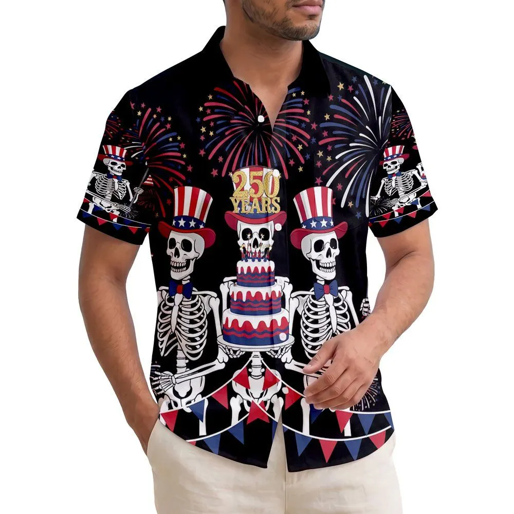 America 250th Anniversary Patriotic Skeletons Uncle Sam Flags Cake Fireworks Bunting Short-sleeve Hawaiian Shirt - 1