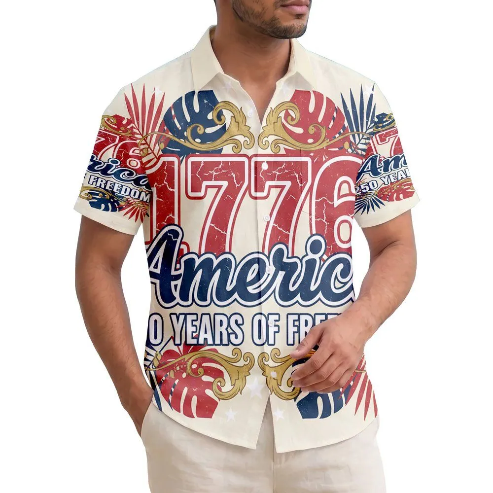 America 250th Anniversary 1776 Freedom Distressed Patriotic Tropical Foliage Short-sleeve Hawaiian Shirt - 1