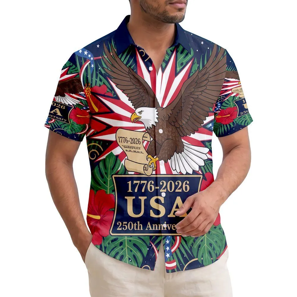 America 250th Bald Eagle Tropical Patriotic Hibiscus 1776-2026 Stars & Ribbons Short-sleeve Hawaiian Shirt - 1
