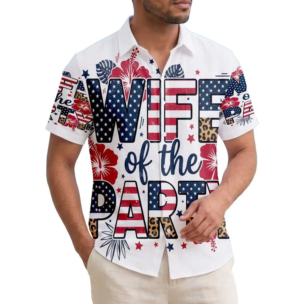 Wife of the Party America 250th Flag Pattern Leopard Tropical Text Short-sleeve Hawaiian Shirt - 1