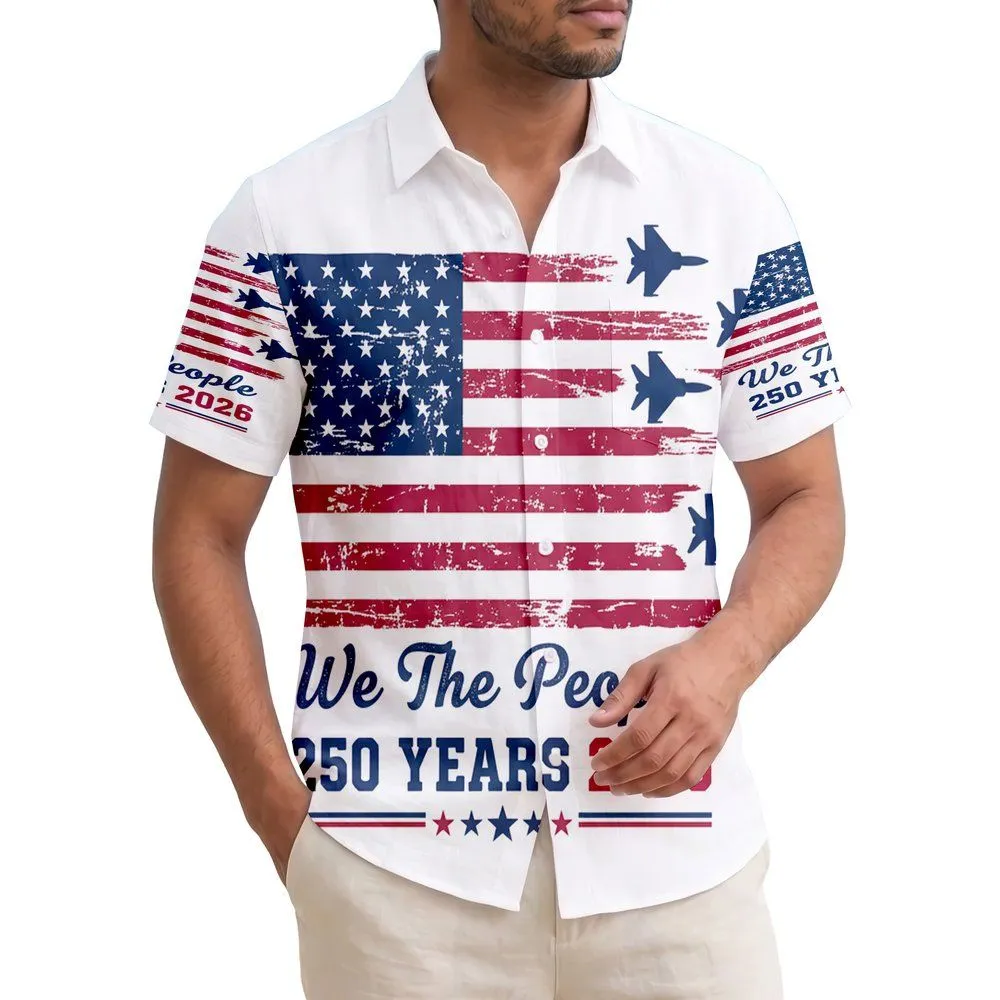 America 250th Patriotic Distressed Flag Fighter Jets 'We The People' 2026 Short-sleeve Hawaiian Shirt - 1