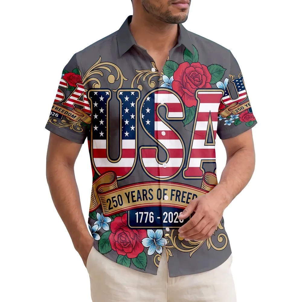 America 250th Anniversary USA Flag Scroll 1776 Freedom Crimson Gold Floral Short-sleeve Hawaiian Shirt - 1